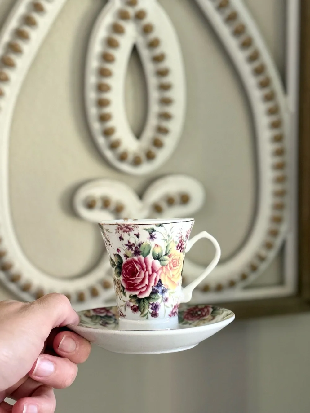 Vintage Floral Demitasse Cup and Saucer in White with Pink and Yellow Roses